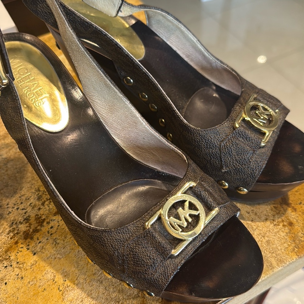 MK wedge sandals brown